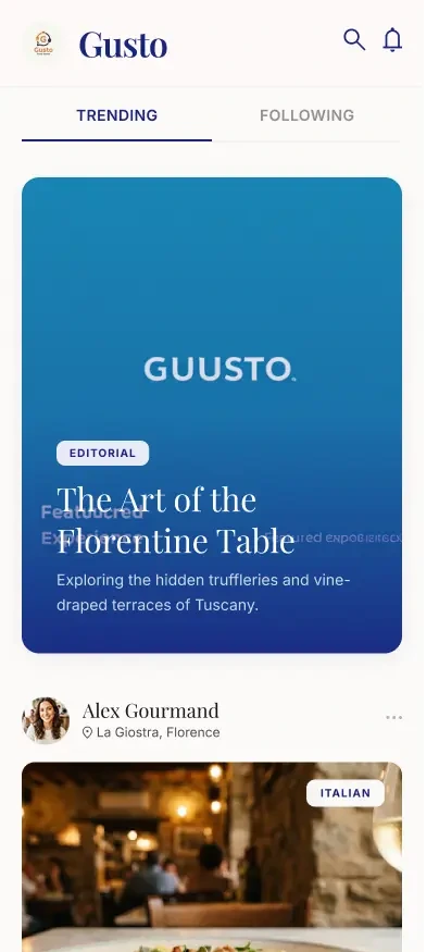 Gusto social feed of dining activity and posts