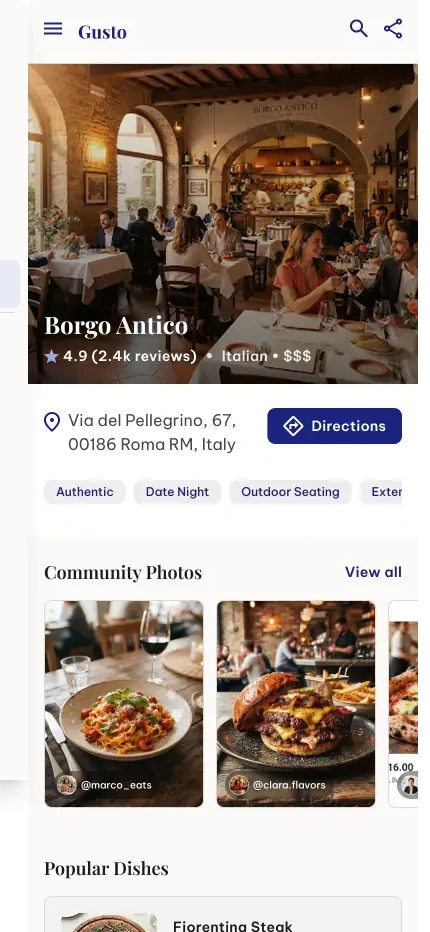 Gusto restaurant details screen with menu and info
