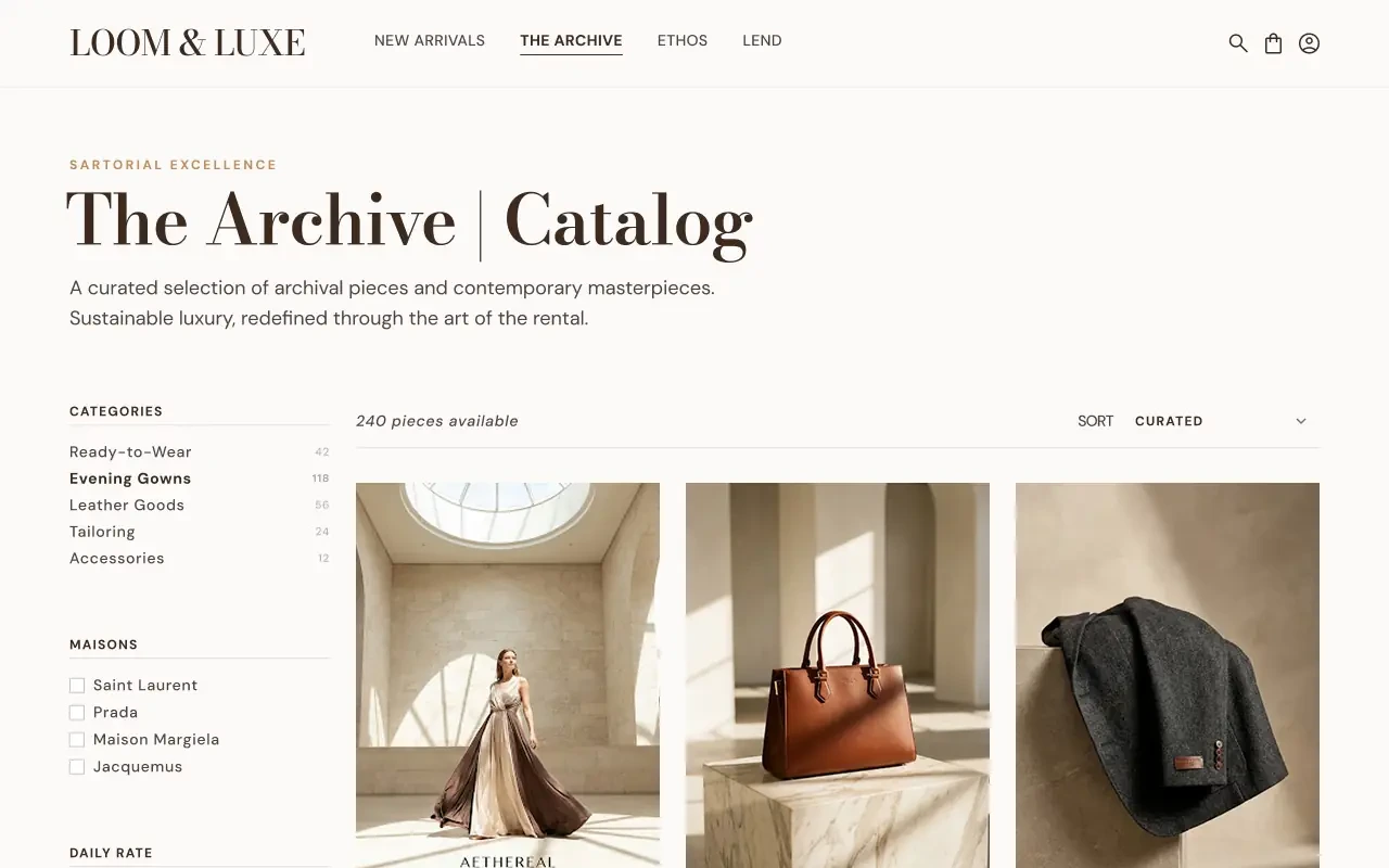 Loom and Luxe product catalog of designer dresses for rent