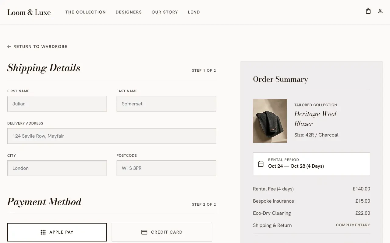 Loom and Luxe checkout flow for rental booking and payment