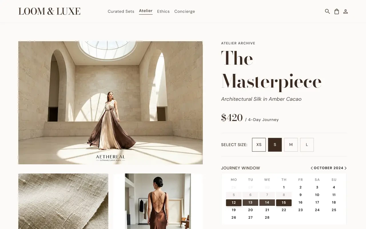 Loom and Luxe product detail page for a rental dress
