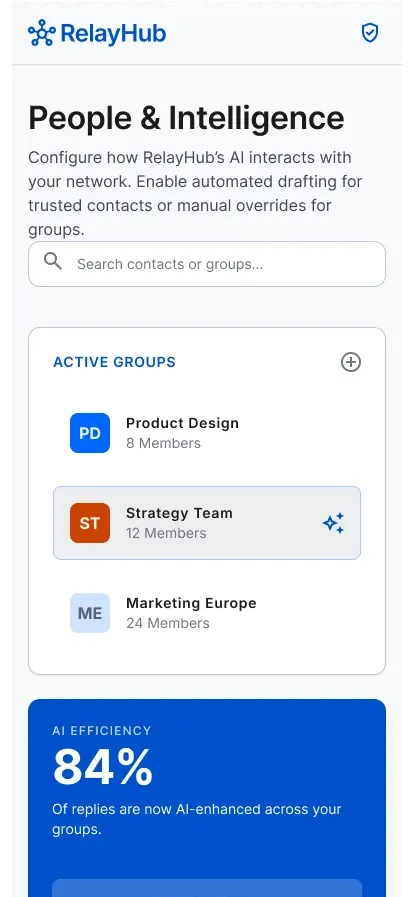 RelayHub contacts and groups management screen