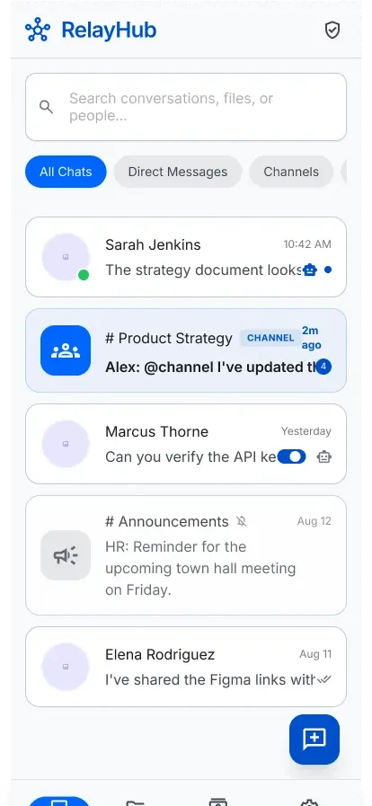 RelayHub conversation inbox showing multi-channel threads