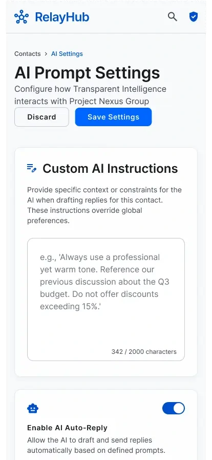 RelayHub AI prompt settings for targeted automated replies