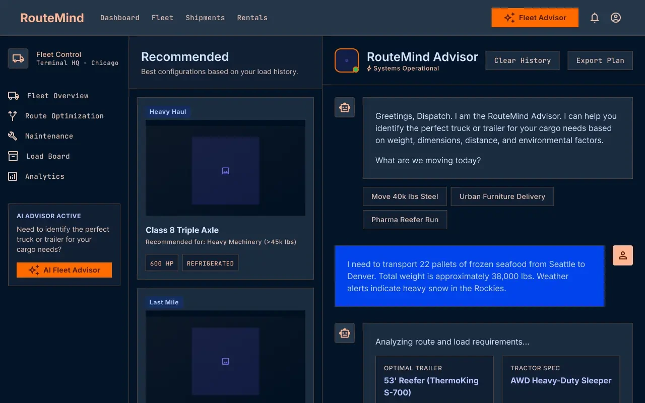 RouteMind AI Fleet Advisor recommending logistics actions