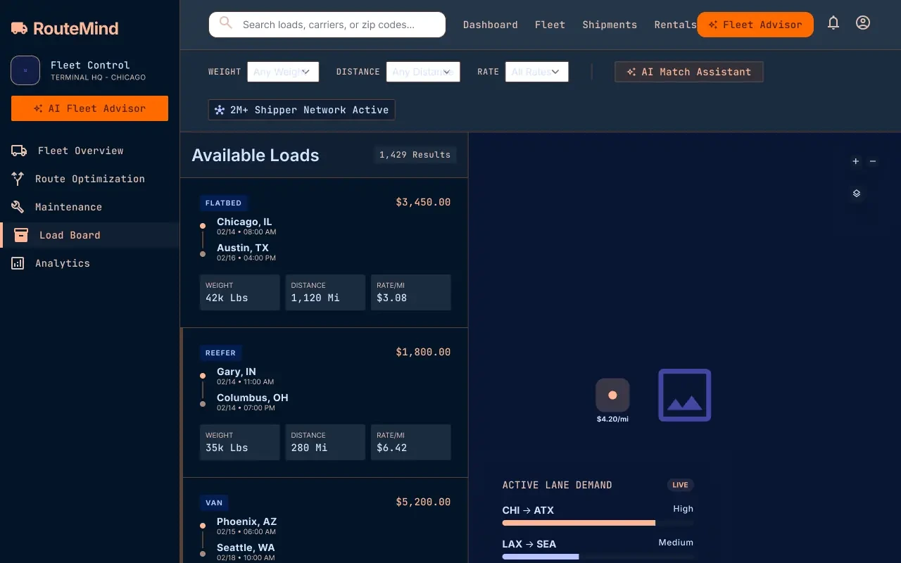 RouteMind shipper load board for matching freight and capacity