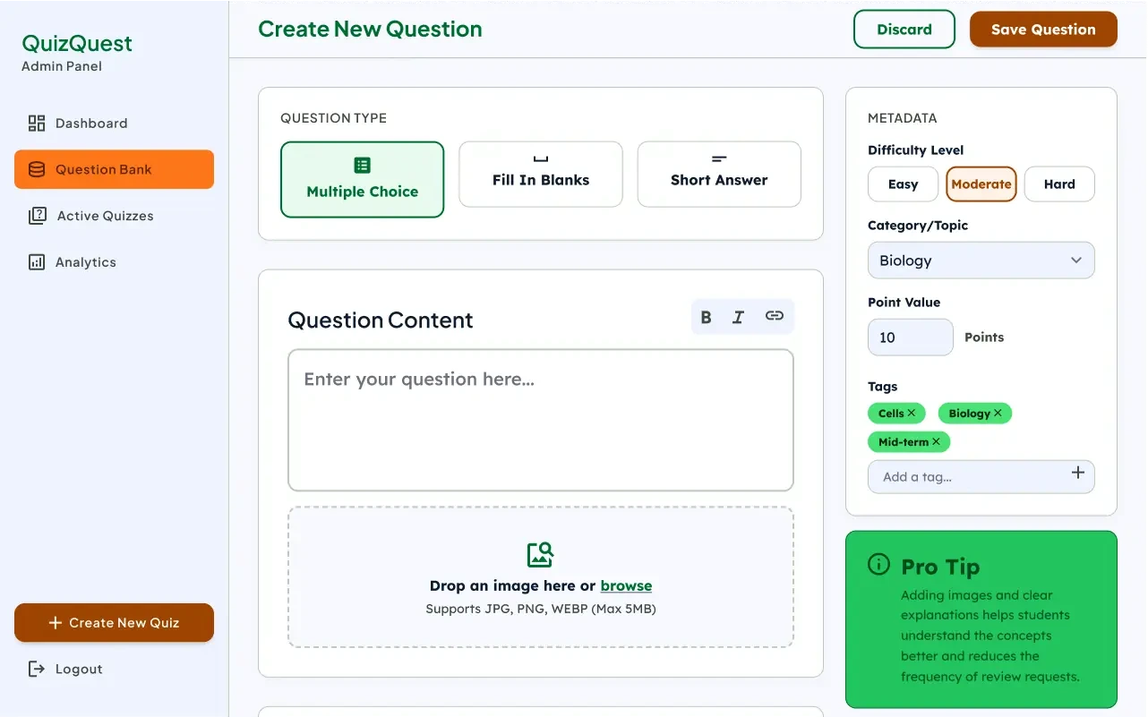 QuizQuest admin question creator for building assessments