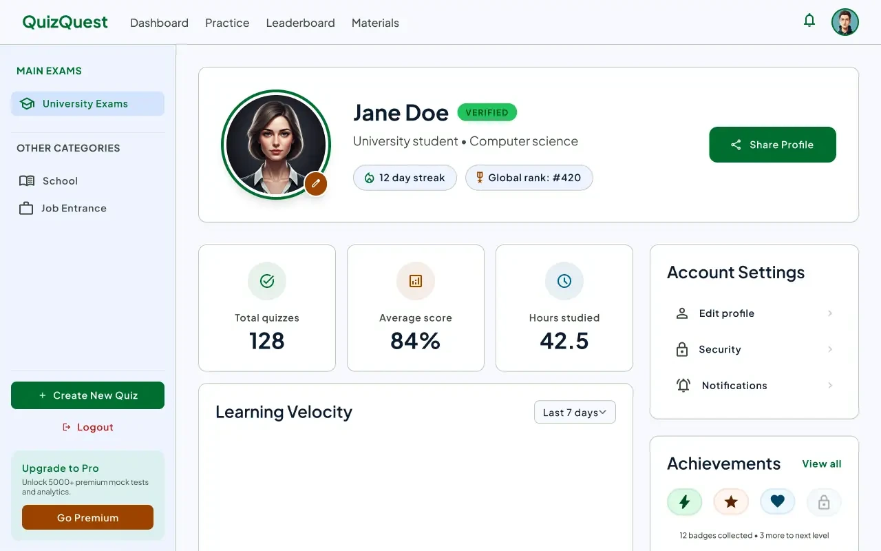 QuizQuest user profile showing learning progress